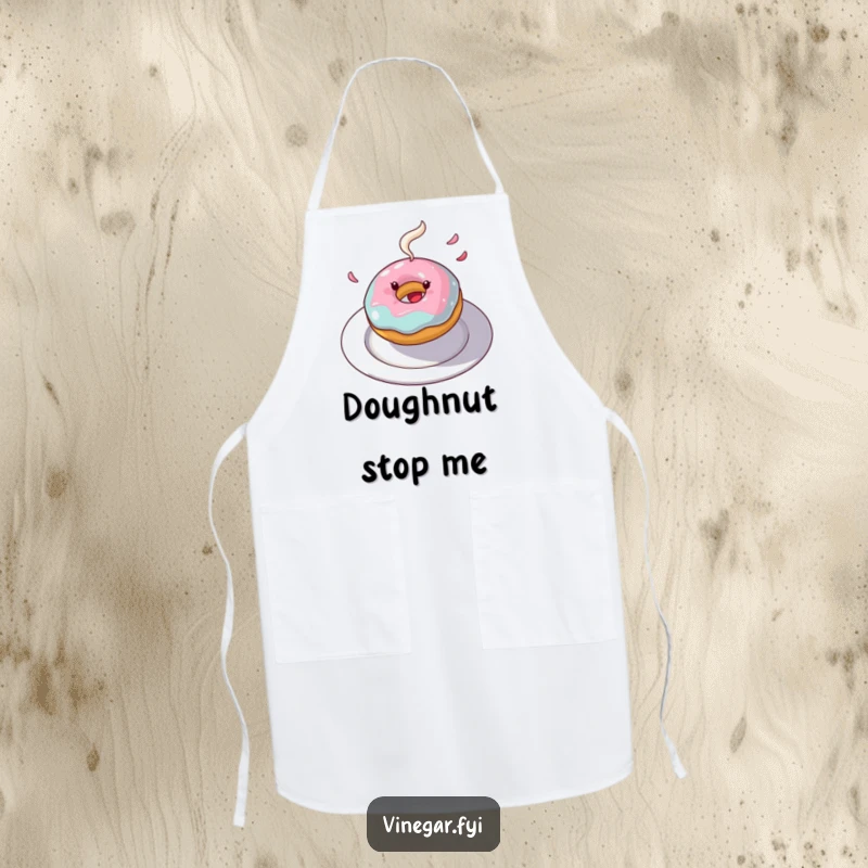 Funny donut apron with a joyful spinning donut and flying frosting, making baking a sweet and humorous adventure.