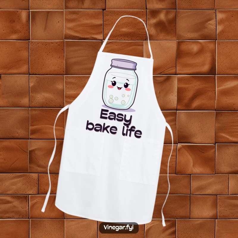 Funny wobbly jar of clear liquid apron swaying contentedly, bringing peaceful vibes to the kitchen, a funny gift.