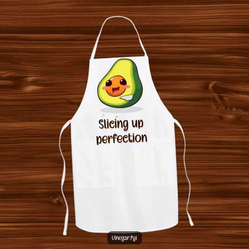 Funny, delighted avocado slicing itself with a tiny knife, on a chef's apron.