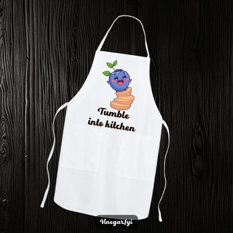 Funny apron depicting a surprised blueberry joyfully rolling down a spiral staircase, perfect for kitchen adventures and messy cooks.