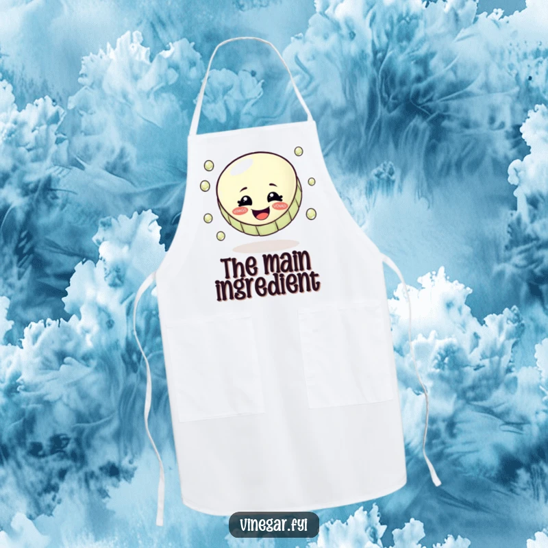 Funny apron featuring a cheerful bottle cap skillfully juggling small, shiny vinegar droplets, a whimsical kitchen essential.