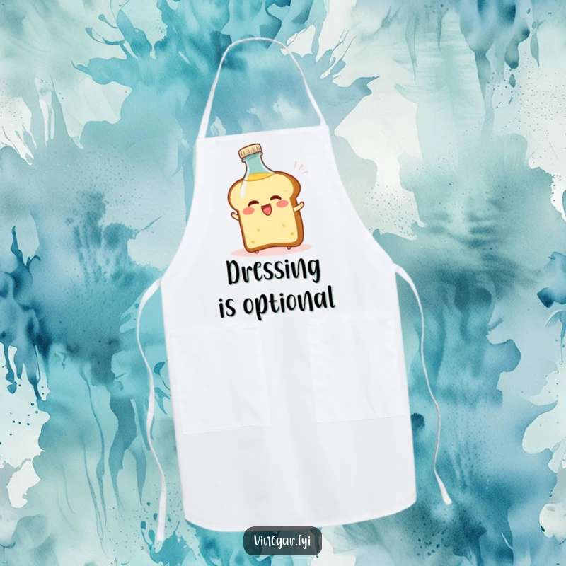 Funny apron showing a bread slice comically recoiling from a vinegar bottle, adding humor to kitchen tasks.