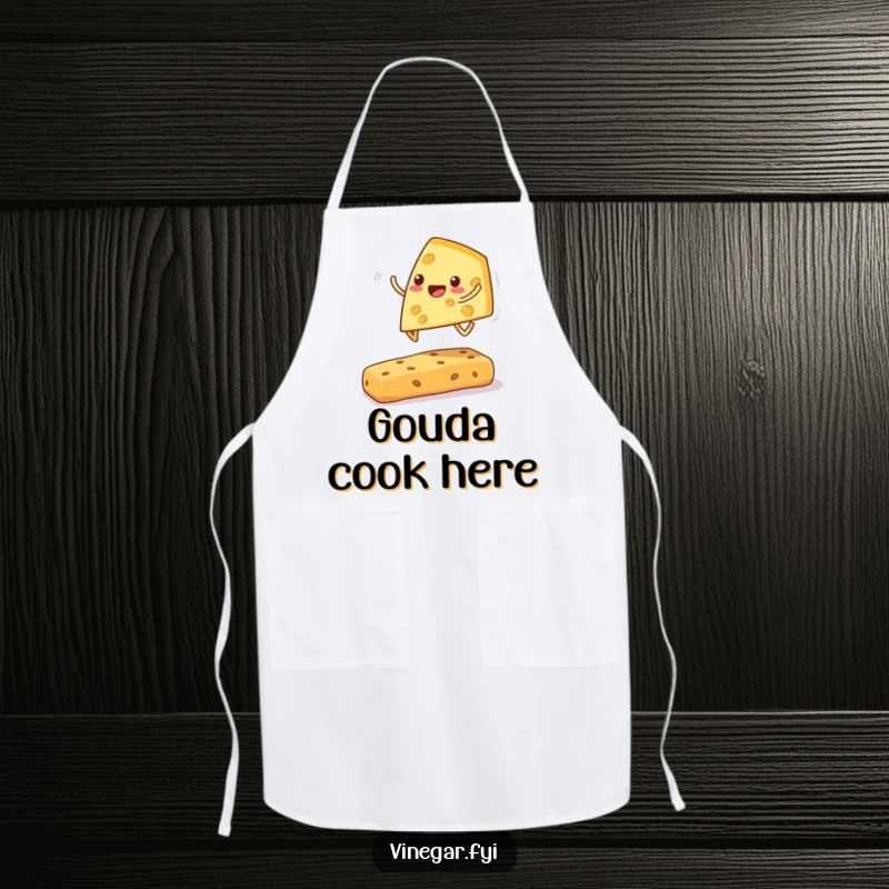 Funny cheese wedge apron with a cheerful wedge playing leapfrog over a cracker, making snack time a humorous affair.