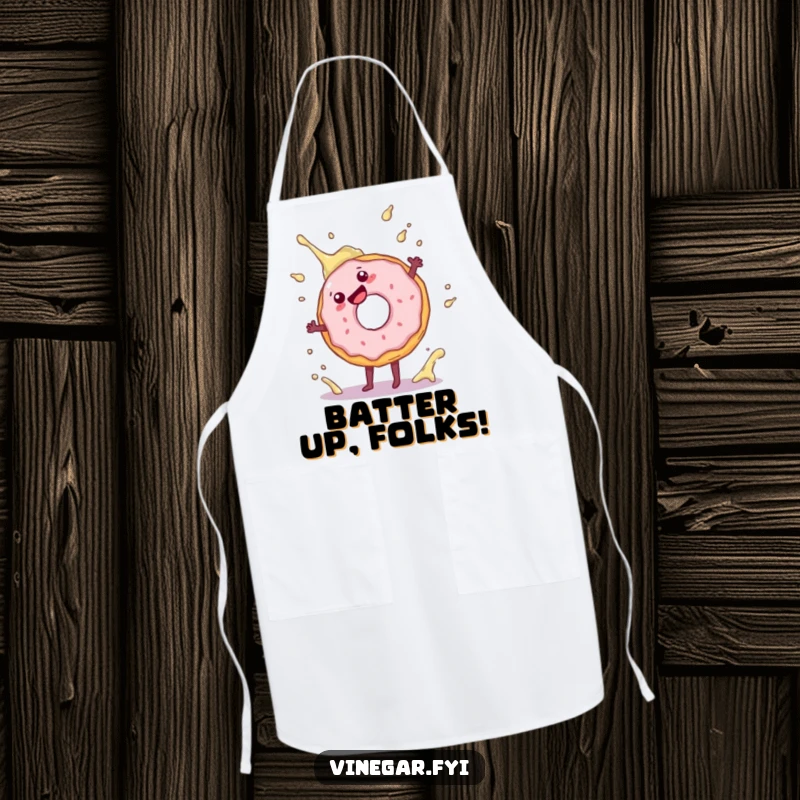 Funny apron featuring a joyful donut doing a cartwheel, with a vinegar splash, adding humor to kitchen tasks.