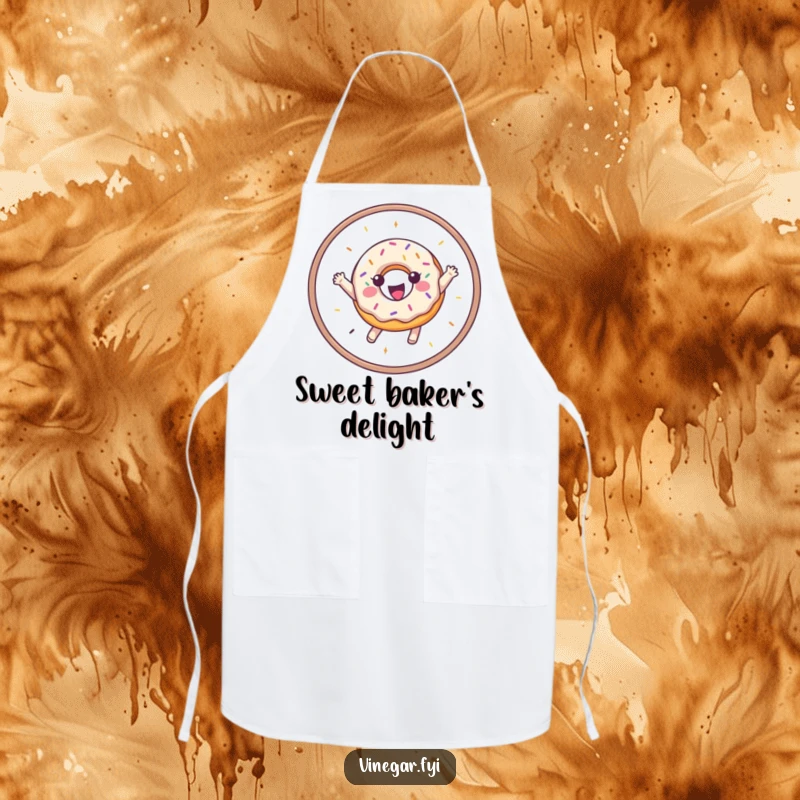 Funny apron illustrating a joyful donut with sprinkles leaping through a hoop, ideal for messy baking fun.