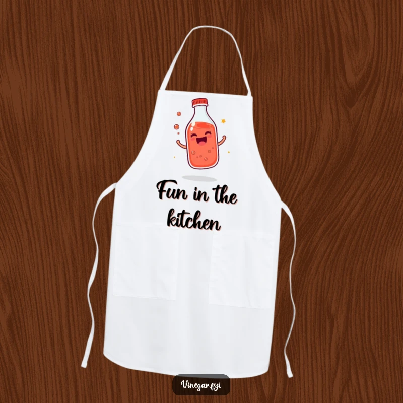 Funny giggling bottle of reddish liquid apron bouncing with infectious joy, bringing cheerful vibes to the kitchen, a funny gift.