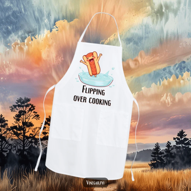 Funny apron: A delighted hot dog performs a cartwheel in a pool of vinegar, keeping the wearer clean with a side of culinary comedy.