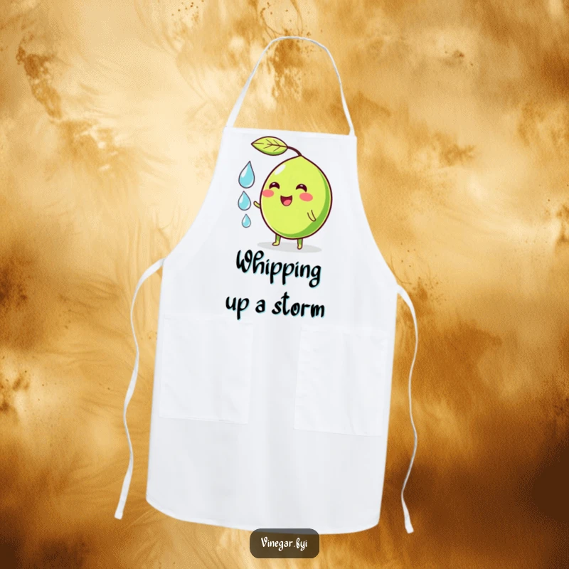 Funny apron with a wobbly green lime character smiling, juggling droplets, bringing a humorous and energetic vibe to the kitchen.