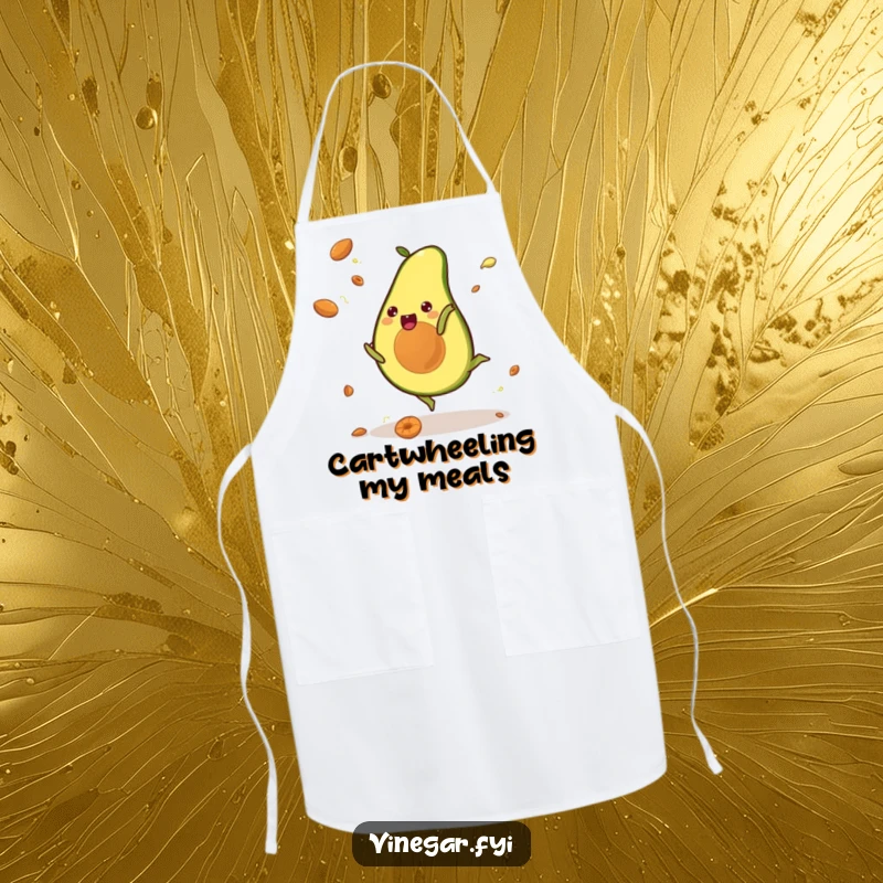 Funny apron featuring a kawaii avocado doing a cartwheel, pits flying, perfect for a humorous and lively cooking experience.