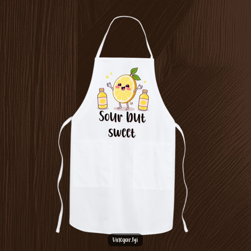 Funny Kawaii lemon slice, juggling vinegar bottles with glee, on this durable and funny chef's apron. A zest for cooking.