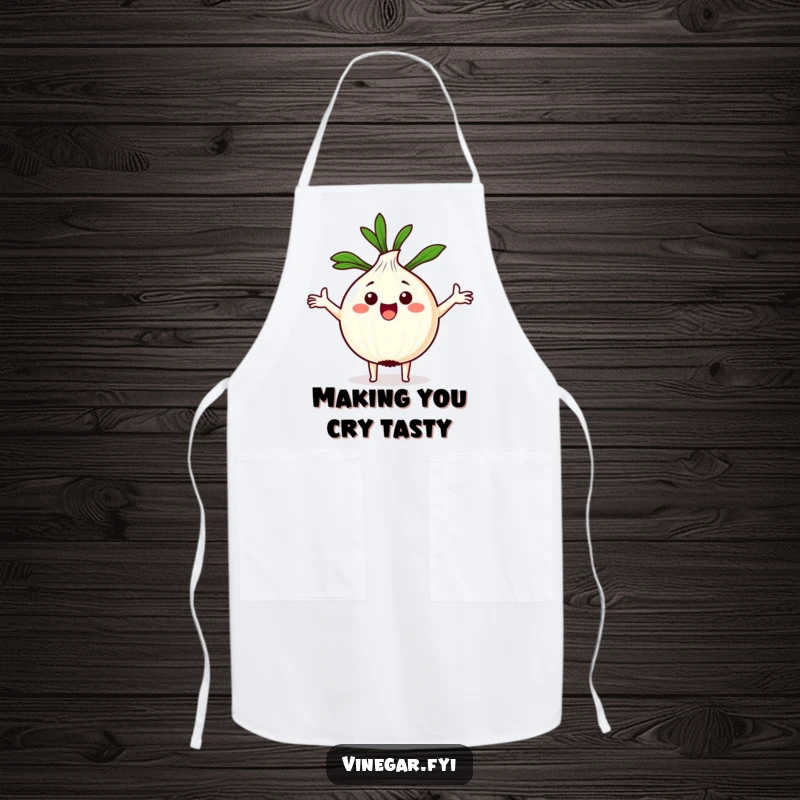 Funny Kawaii onion with arms spread wide, holding a recipe, printed on a durable chef apron.