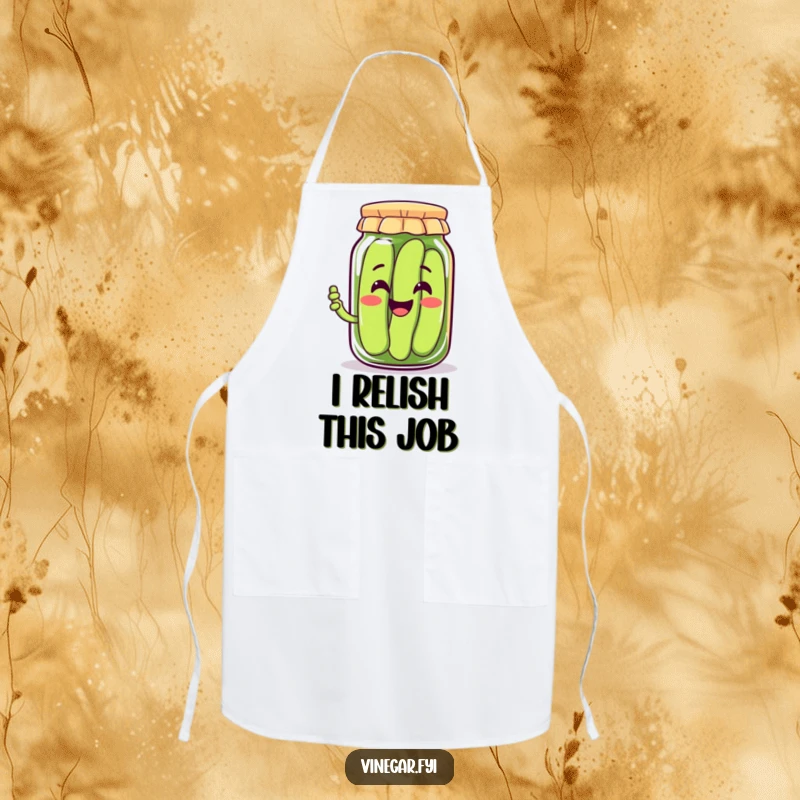 Funny apron with a happy Kawaii pickle jar character smiling and offering a pickle, adding kitchen cheer, a great funny gift.