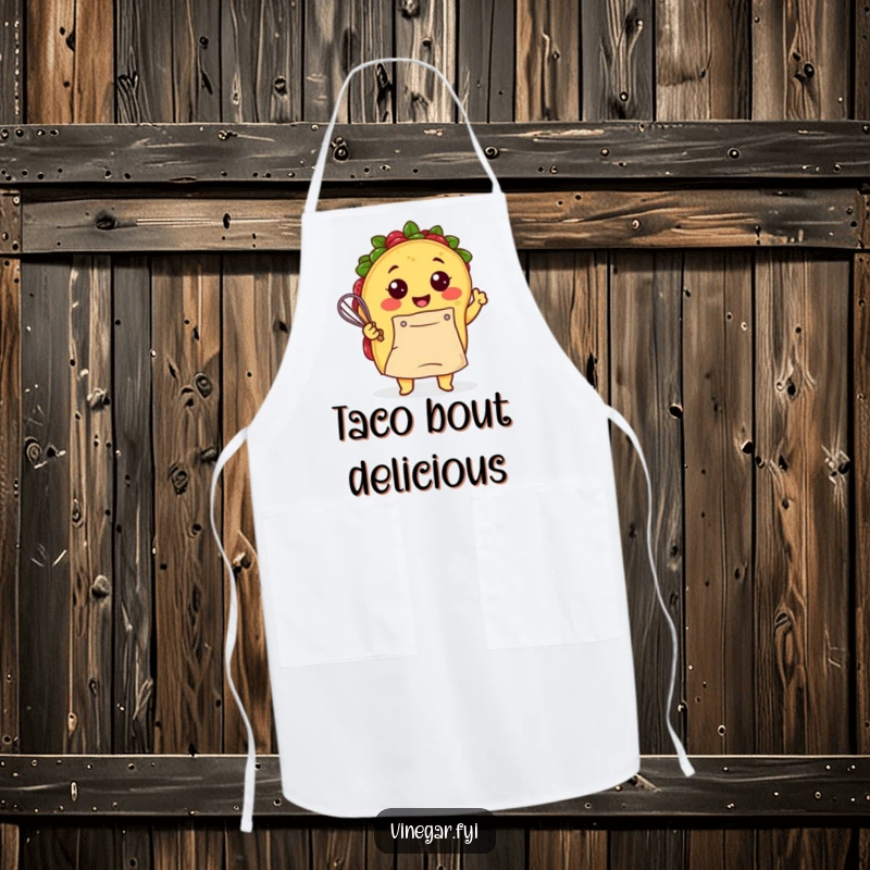 Funny Kawaii taco, chef hat tilted, energetically whisking luminous batter on this functional and funny kitchen apron. Chef's best friend.