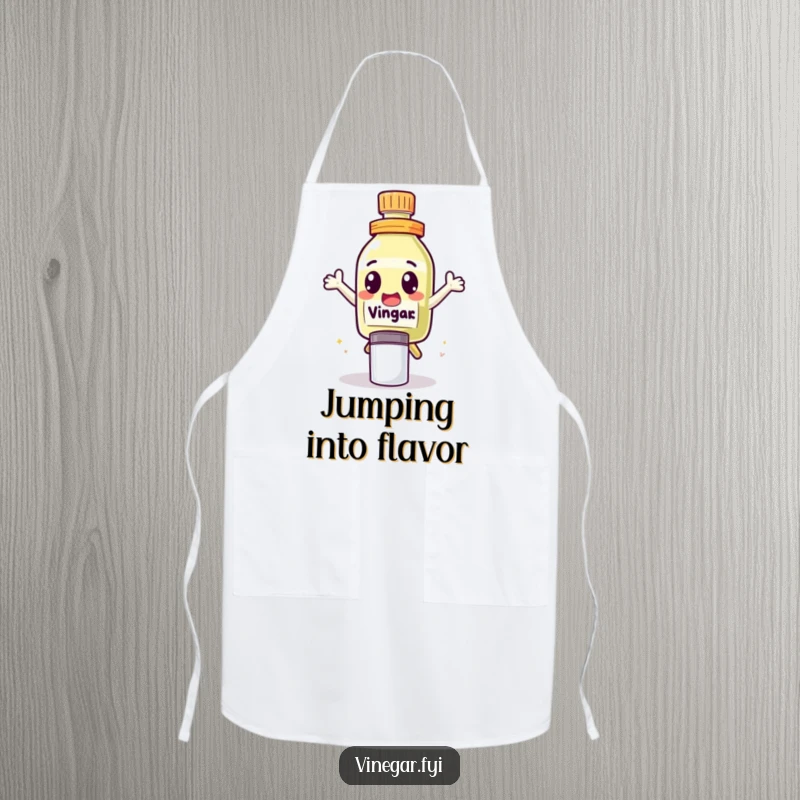 Funny Apron showing a cute vinegar bottle character with excited eyes, leaping over a salt shaker, ready for kitchen fun.