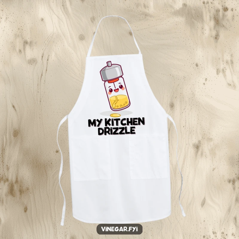 Funny apron: A cheerful pepper shaker tips over, pouring a tiny stream of vinegar, keeping the wearer clean with a side of culinary comedy.