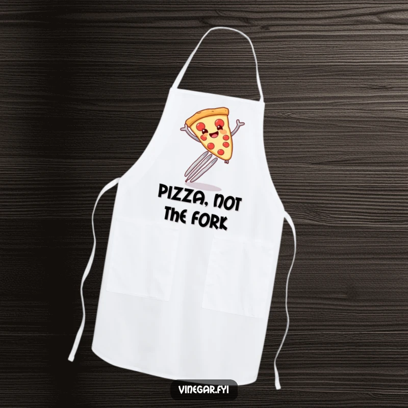 Funny anthropomorphic pizza slice leaping over a giant fork, printed on a durable apron for kitchen activities.