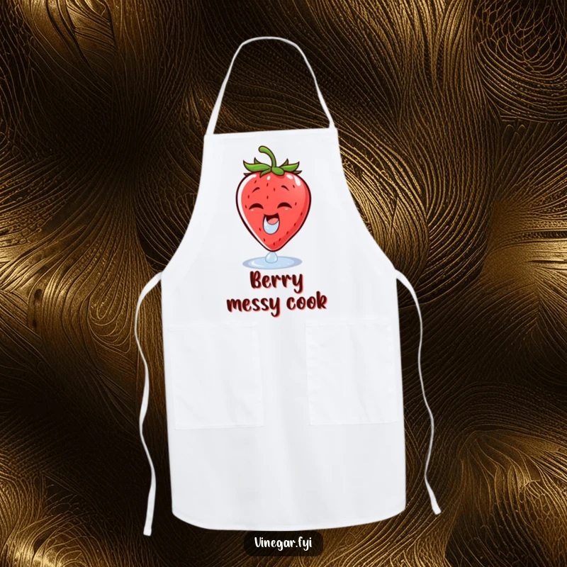 Funny apron featuring a cheerful strawberry wincing at a droplet of vinegar, designed for cooks who appreciate humor in the kitchen.