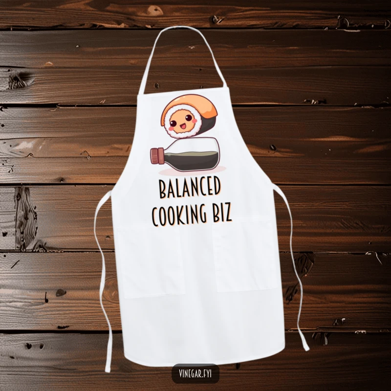 Funny apron: A happy, round sushi roll balances precariously on a vinegar bottle, keeping the wearer clean with a side of culinary comedy.
