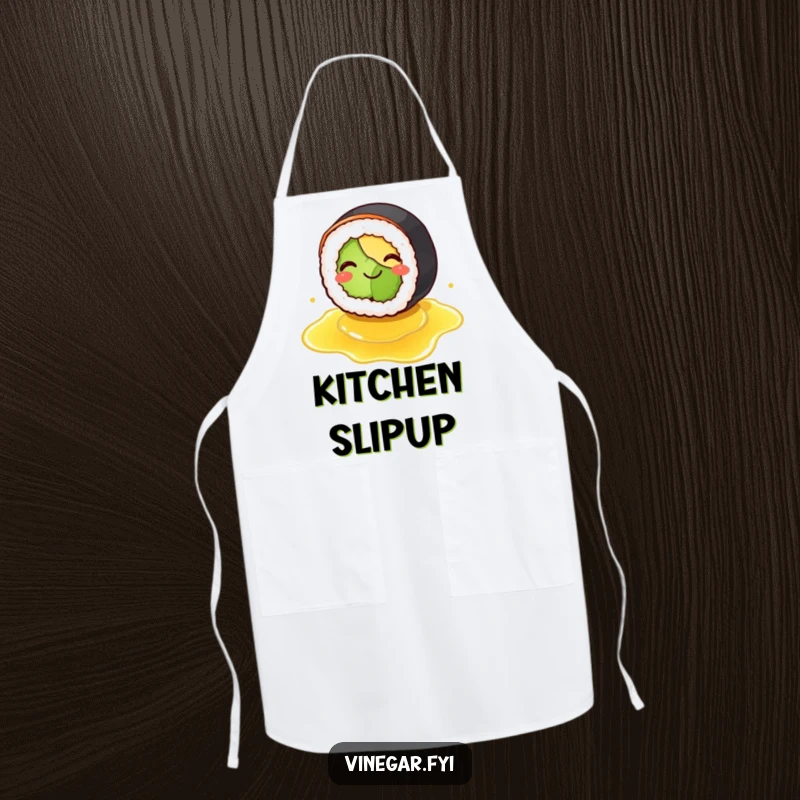 Funny apron featuring a smiling sushi roll comically slipping on spilled vinegar, designed for cooks who appreciate humor in the kitchen.