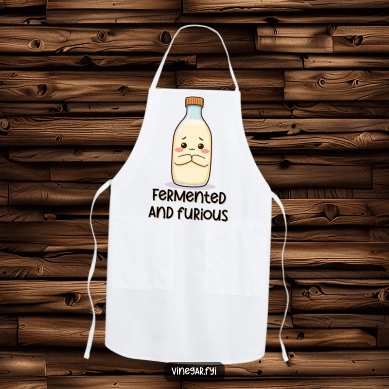 Funny apron with a vinegar bottle arms crossed, looking unimpressed by milk, ideal for chefs with a sense of humor.