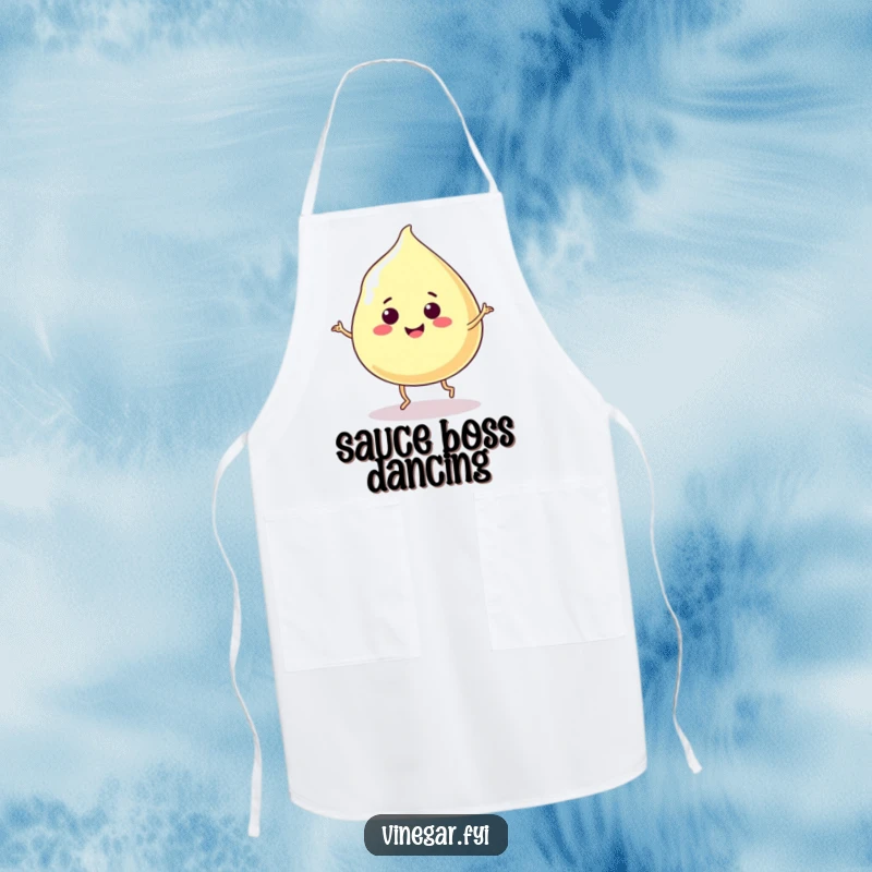 Funny apron showing a smiling, jiggly vinegar blob doing a happy dance, perfect for kitchen fun.