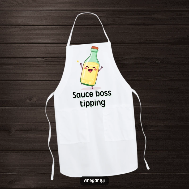 Funny vinegar bottle apron showing a joyful, stylized bottle tipping itself over, ready to add flavor.