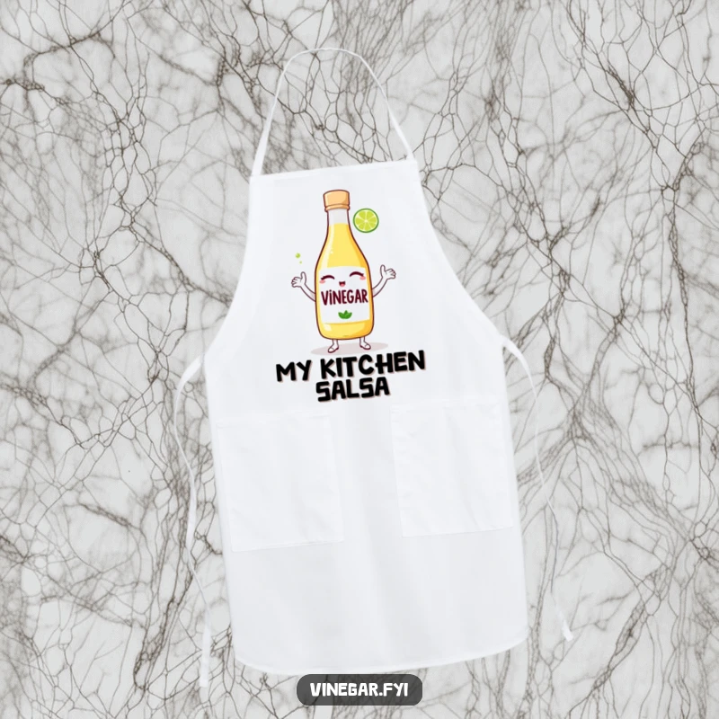 Funny apron: A winking bottle of vinegar dances with a lime wedge, keeping the wearer clean with a side of zesty, kitchen comedy.
