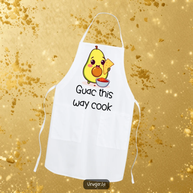Funny apron depicting an amused avocado enthusiastically dipping a tortilla chip into salsa, perfect for mess-free snacking and cooking.