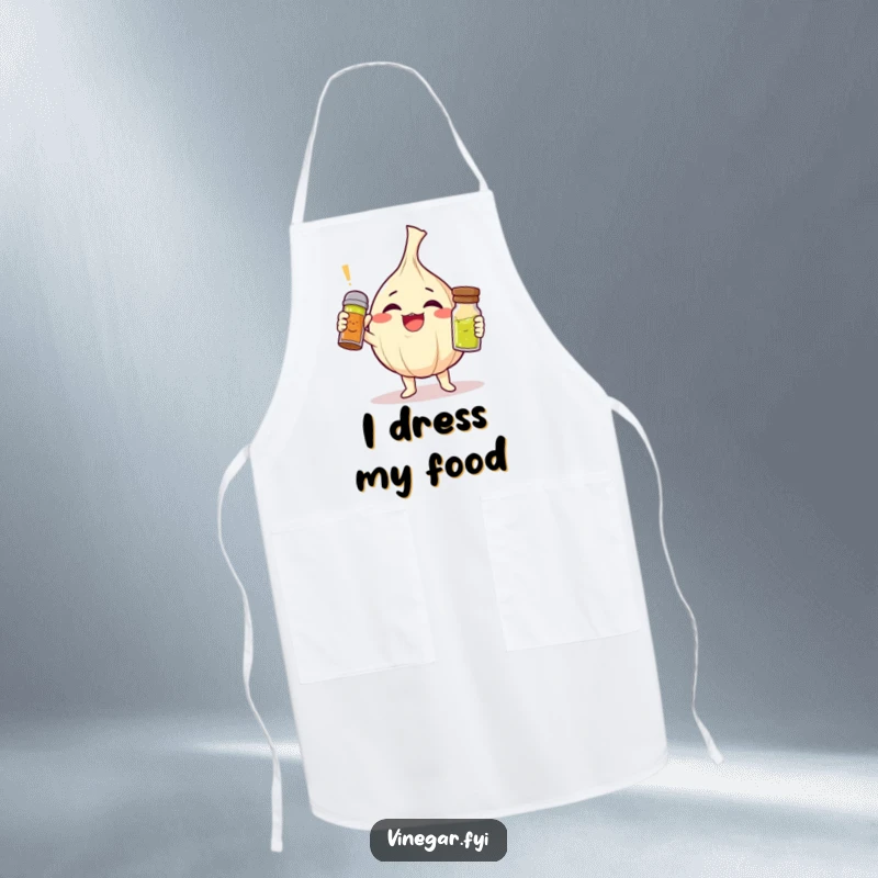 Funny giggling garlic clove character triumphantly holding a tiny vinaigrette shaker on a kitchen apron, great funny gift.