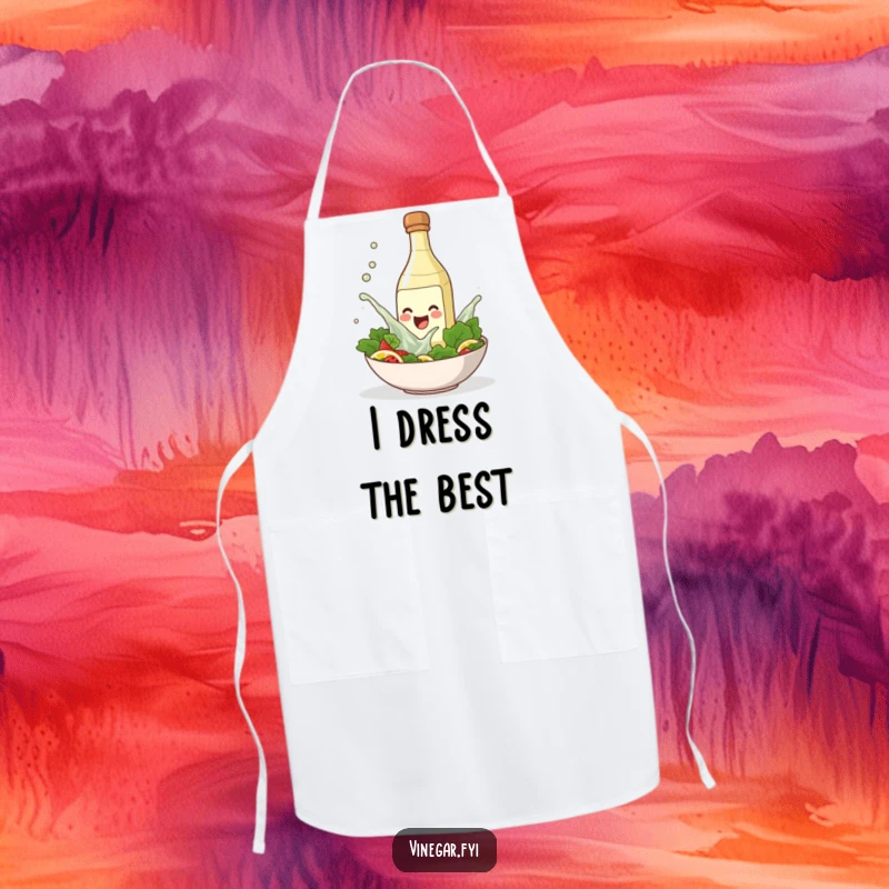 Funny apron with a smiling vinegar bottle splashing into a salad bowl, great for cooking and baking.