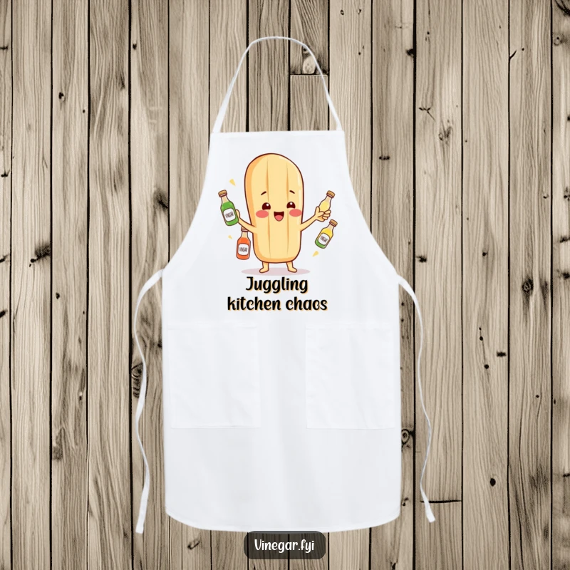 Funny apron showcasing a cheerful baguette character juggling miniature vinegar bottles, ready for baking.