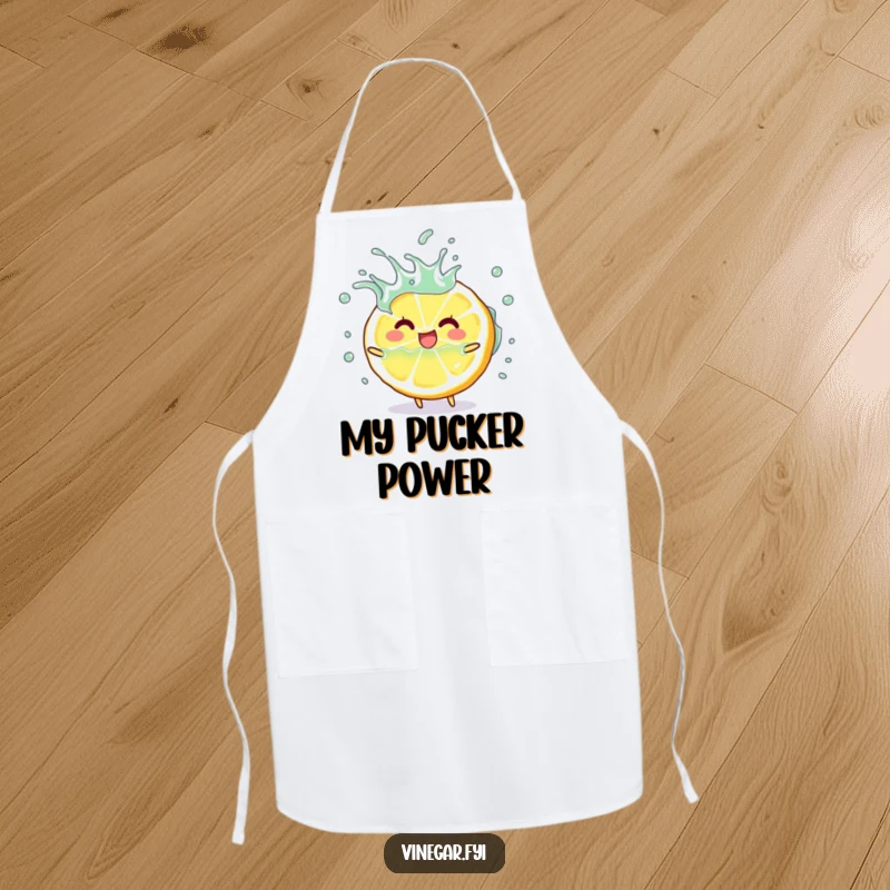 Funny happy lemon slice character playfully splashing vinegar on a kitchen apron, great funny gift.