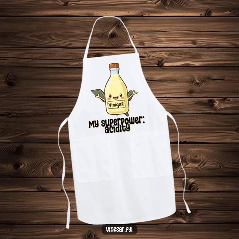 Funny Apron showing a smiling vinegar bottle with a cape, flying heroically, ready to protect the wearer during cooking adventures.