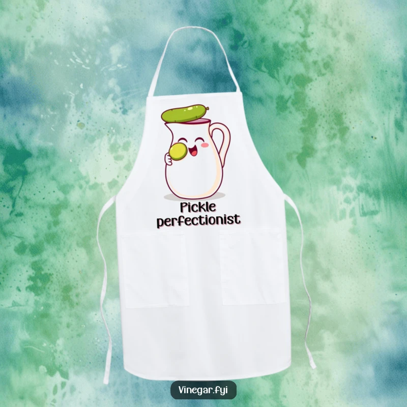 Funny apron with a thrilled vinegar jug balancing a tiny pickle slice on its nose, combining kitchen protection with humor.