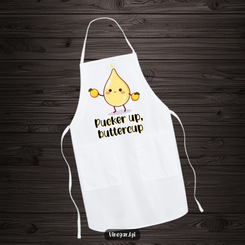 Funny vinegar character juggling lemons on a kitchen apron, adding a humorous and playful element to cooking tasks.
