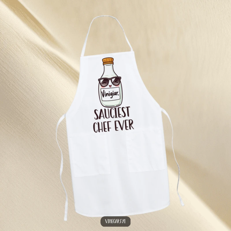 Funny apron featuring a mischievous vinegar bottle in tiny sunglasses, winking playfully, protecting you while adding kitchen humor.