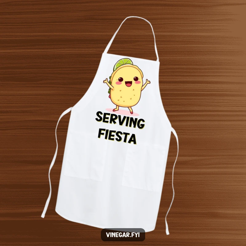 Funny kawaii taco doing a joyful jig with a lime slice hat, on a chef's apron, making it a fun and funny gift.