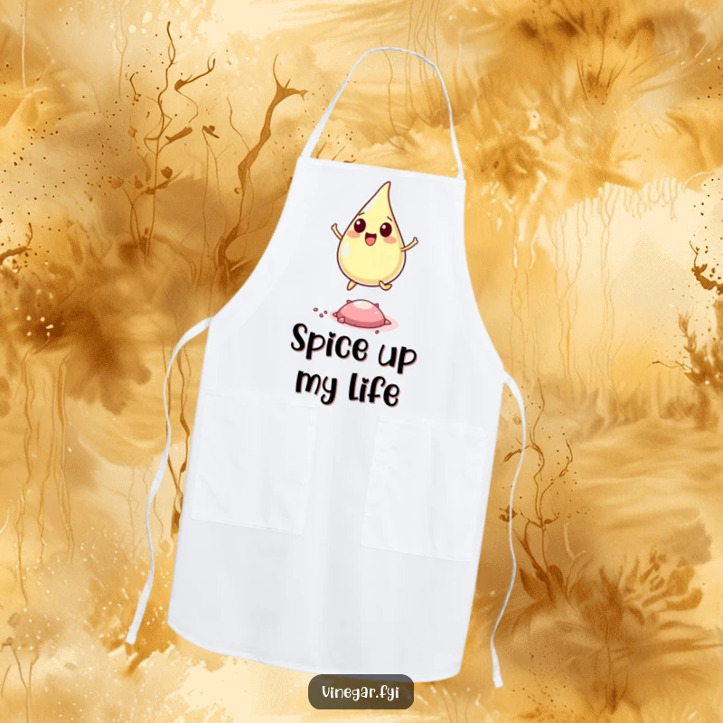 Funny apron featuring a happy vinegar drop leaping over a microscopic pepper flake, adding joyful humor to your kitchen adventures.