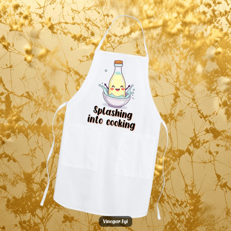 Funny Apron showing a happy vinegar bottle character splashing enthusiastically into a mini-dish, perfect for messy kitchen fun.