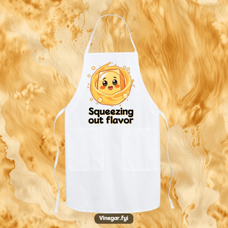 Funny round orange juice box character with excited eyes spinning in bubbly liquid, featured on a humorous and practical cooking apron.