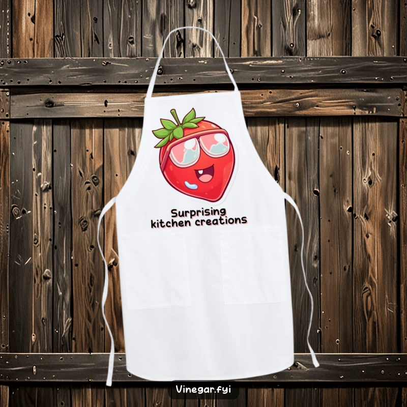 Funny apron showcasing a laughing strawberry character wearing tiny vinegar goggles, looking surprised while cooking.