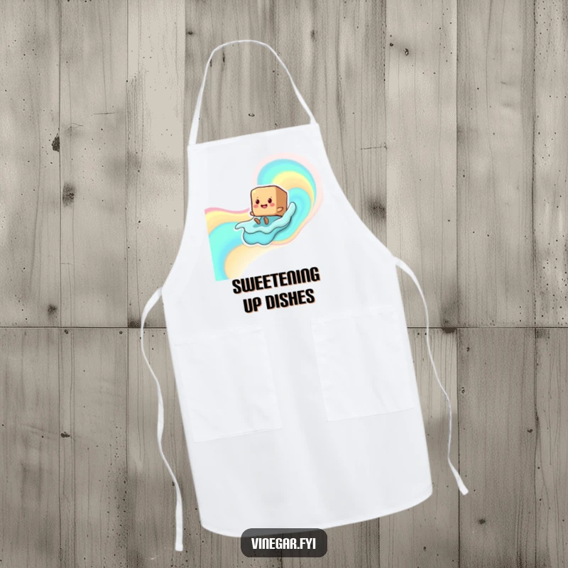 Funny smiling brown sugar cube character with tiny legs sliding down a liquid wave, featured on a humorous and practical cooking apron.