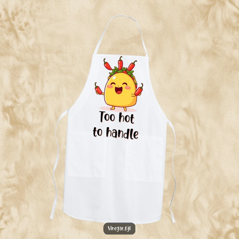 Funny apron featuring a smiling taco skillfully juggling three tiny red chili peppers, ready to add humor to any kitchen.
