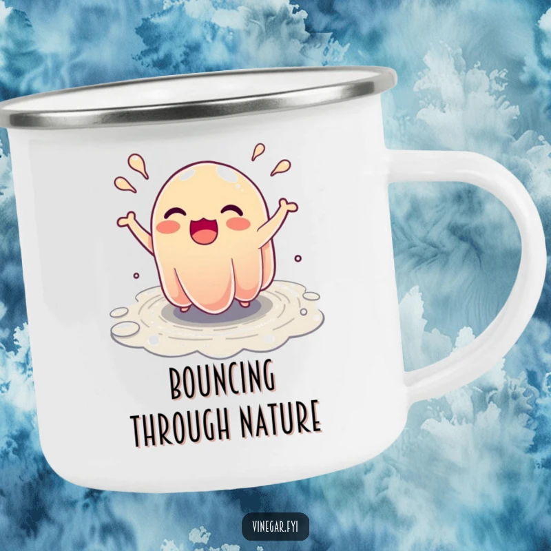 Funny Camping Mug: An ecstatic jelly character bounces energetically, forming tiny rivulets, for fun outdoor sips.