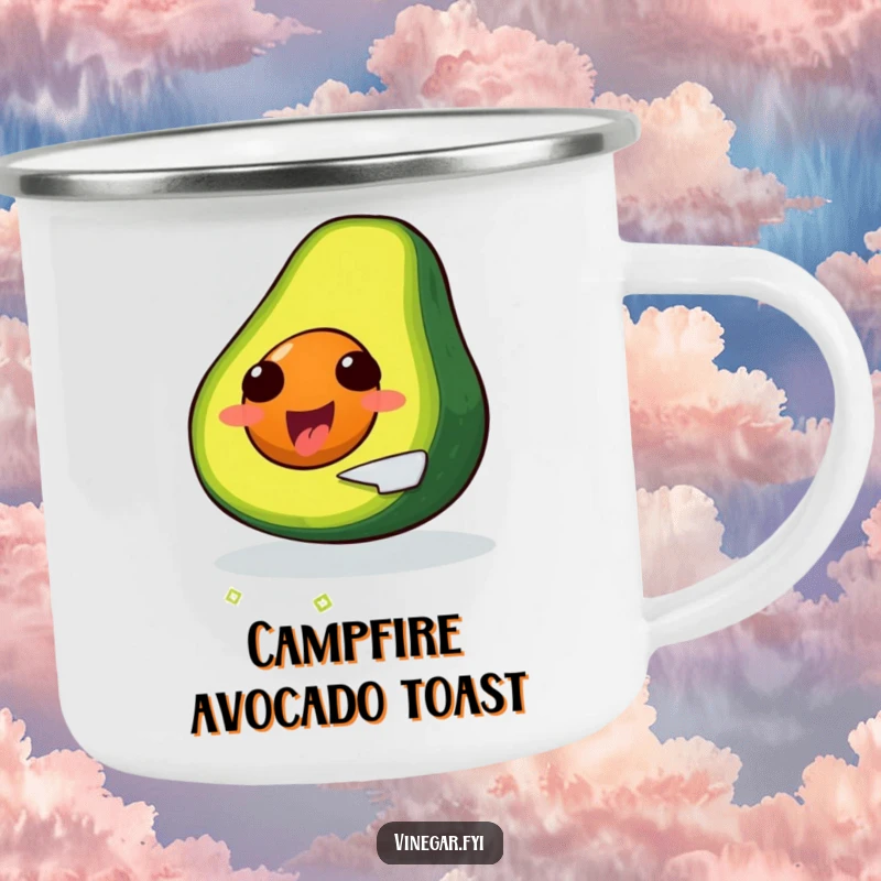Funny, delighted avocado slicing itself with a tiny knife, on a durable camping mug.