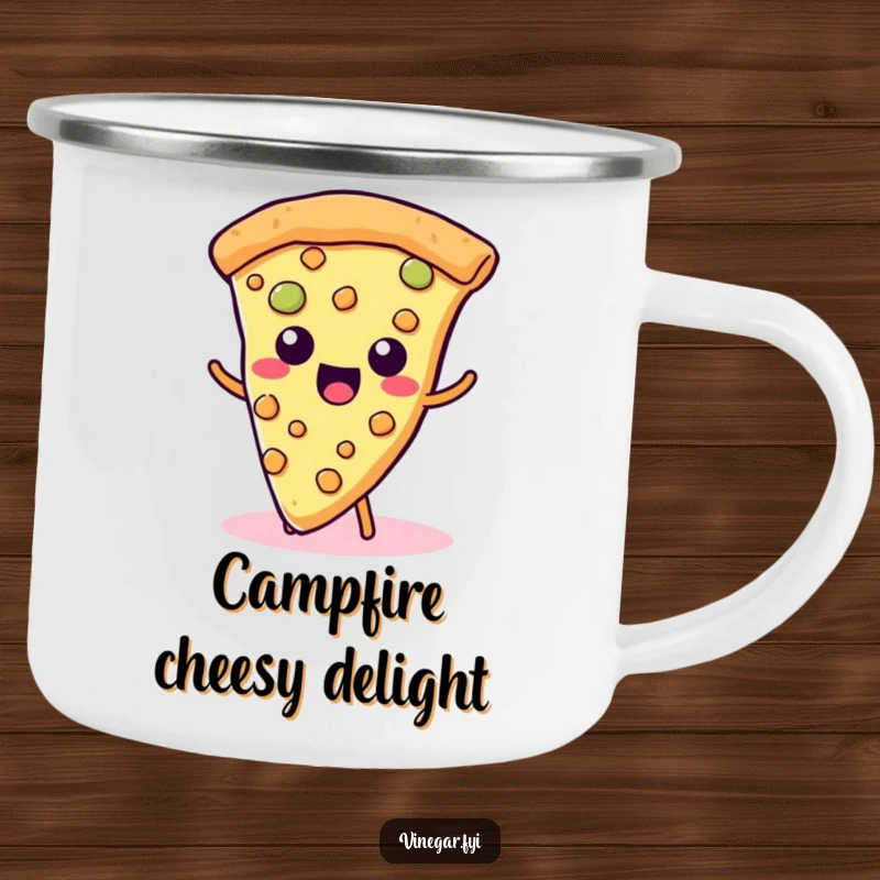 Funny Kawaii Pizza Camping Mug: A cute slice of pizza happily wiggles its cheesy toppings, bringing humorous cheesy vibes outdoors.