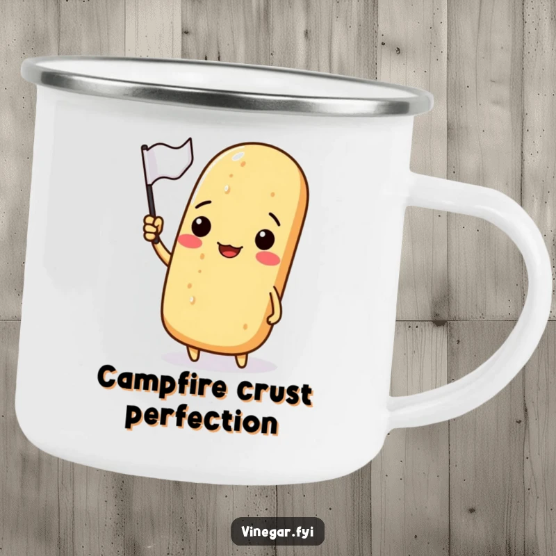 Funny camping mug with a smiling baguette waving a small flag, ready for any outdoor exploration.