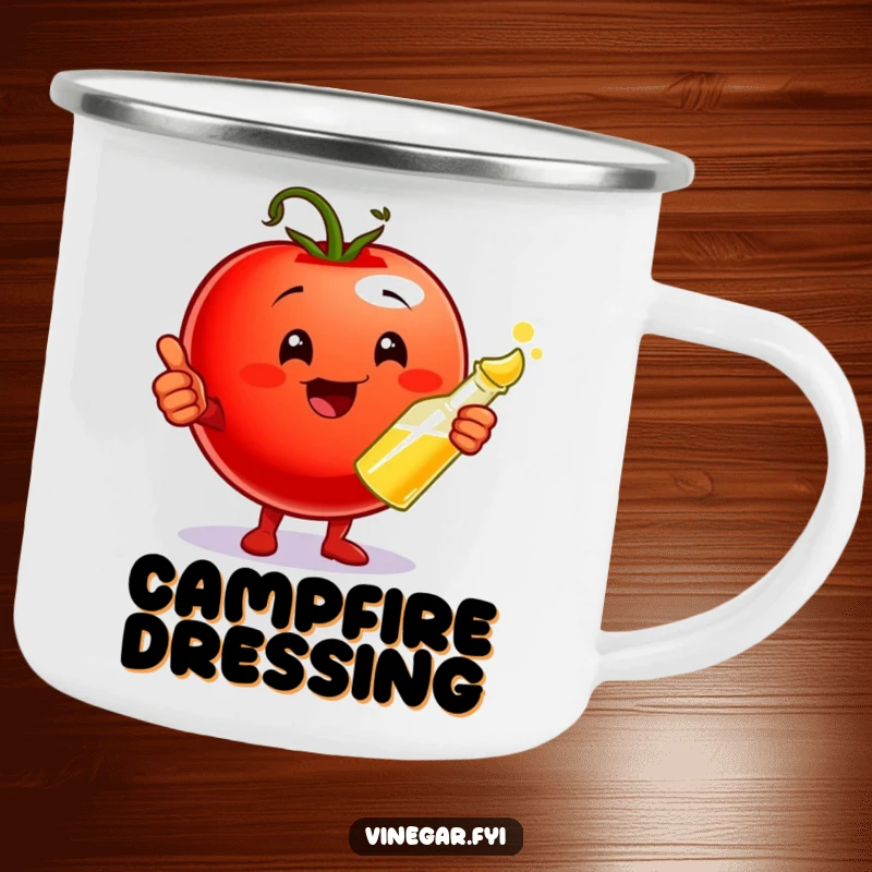 Funny Camping Mug showing a playful cherry tomato giving a thumbs up and holding a vinegar cruet, designed for durable, flavorful sipping outdoors.