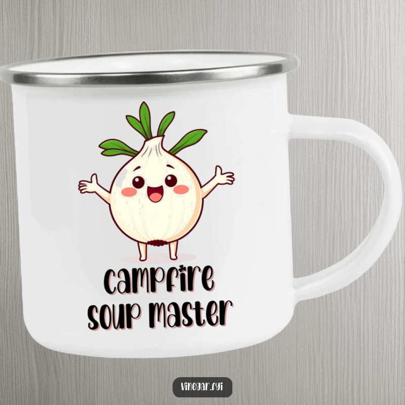 Funny Kawaii onion with arms spread wide, holding a recipe, printed on a sturdy camping mug.