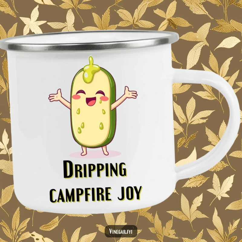 Funny camping mug featuring a giggling pickle slice catching drips of vinegar, perfect for outdoor beverage enjoyment.